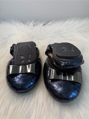 Navy Metallic Bow Ballet Flats